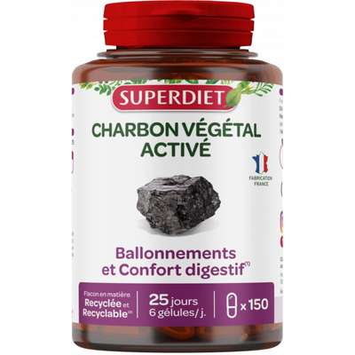 Charbon végétal ballonnements et confort digestif, Superdiet (150 gélules)