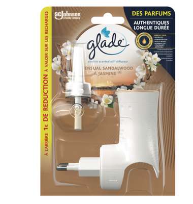 Diffuseur électrique et recharge parfum bois de sental et jasmin, Glade (20g)