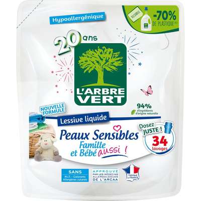 Lessive liquide peaux sensibles hypoallergenique recharge, l'Arbre Vert (1.53 L)