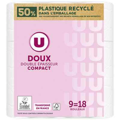 Papier toilette doux blanc double épaisseur compact, U (x 9, équivalent à 18 rouleaux classiques)
