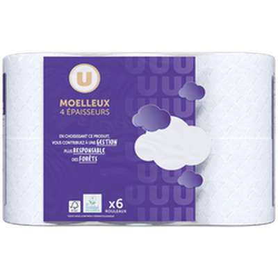 Papier toilette ultra moelleux blanc quadruple épaisseur, U (x 6 rouleaux)