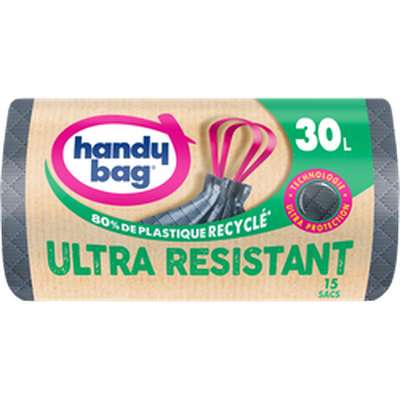 Sacs poubelle poignées coulissant ultra résistant 80% recyclés, Handy Bag (15 x 30 L)