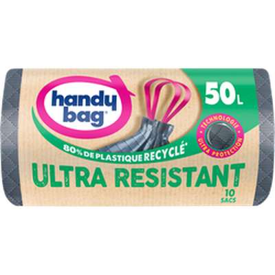 Sac poubelle poignée coulissante ultra résistant 80% plastique recyclé, Handy Bag (10 x 50 L)