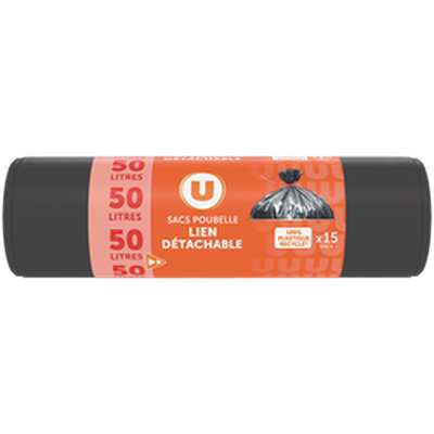 Sac poubelle 100% recyclé lien détachable, U (15 x 50 l)