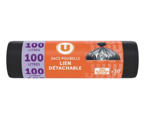 Sacs poubelle 100% recyclé liens détachables, U (10 x 100 L)