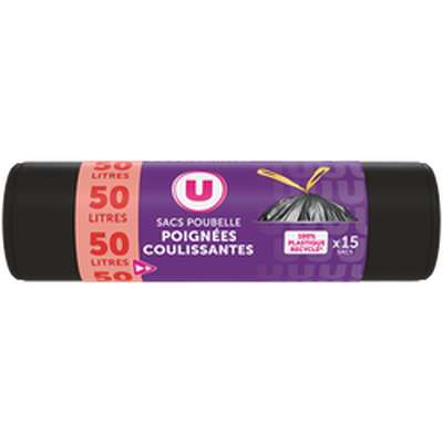 Sacs poubelle 100% recyclé liens coulissants, U (15 x 50 L)