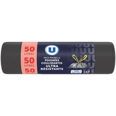 Sac poubelle ultra résistant 100% recyclé liens coulissant, U (15 x 50 L)