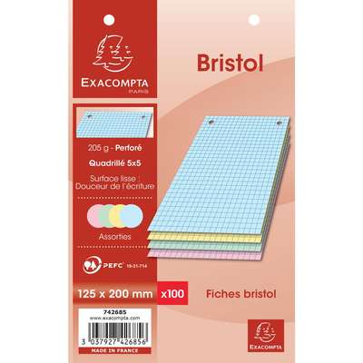 Fiches Bristol perforées de couleurs petits carreaux, Exacompta (12,5 x 20 cm, x 100)