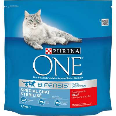 Croquettes pour chat adulte stérilisé au boeuf et au blé, Purina One (1.5 kg)