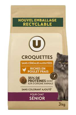 Croquettes sans céréales riche en poulet frais pour chat sénior, U (3 kg)