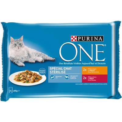 Sachets repas pour chat stérilisé au poulet et au boeuf, Purina One (4 x 85 g)
