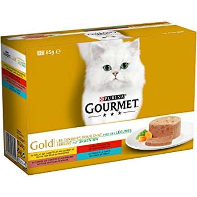 Terrines pour chat au lapin/saumon/poulet/agneau, canard, Gourmet Gold (4 x 85 g)