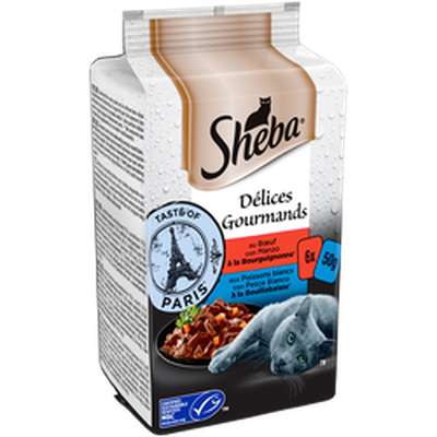 Sachet fraîcheur pour chat au poisson et bœuf Délice gourmand Paris, Sheba (6 x 50 g)