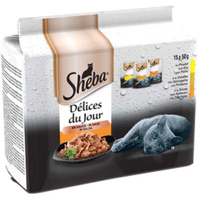 Sachets fraîcheur pour chat Délices du Jour 4 variétés en sauce, Sheba (15 x 50 g)
