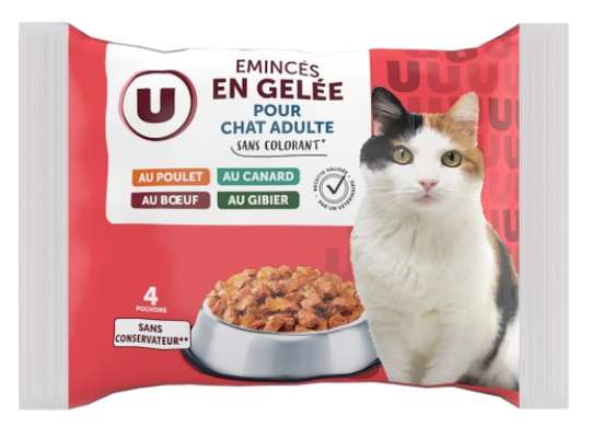 Emincés gelée pour chat dinde, foie volaille, U (4 x 100 g)