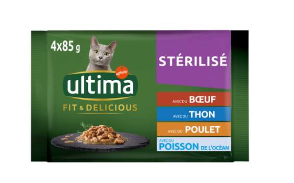 Bouchées poulet boeuf thon et poissons de l'océan pour chats stérilisés, Ultima (4 x 85 g)