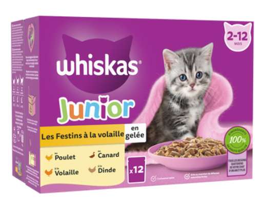 Pâtée pour chat sachets festins à la volaille en gelée, Whiskas Junior (12 x 85 g)