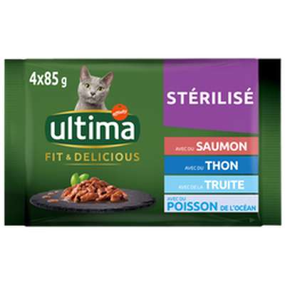 Bouchées saumon/thon/truite & poissons de l'Océan pour chats stérilisés, Ultima (4 x 85 g)