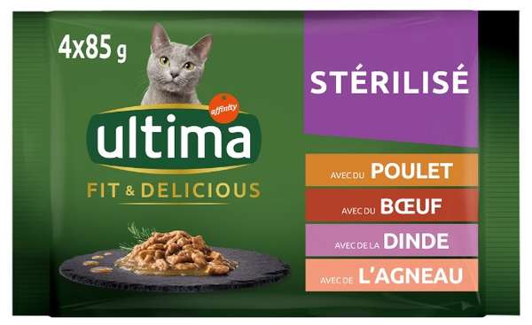 Bouchées poulet/dinde/boeuf & agneau pour chats stérilisés, Ultima (4 x 85 g)