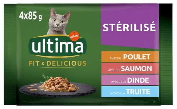 Bouchées poulet/dinde/saumon & truite pour chats stérilisés, Ultima (4 x 85 g)
