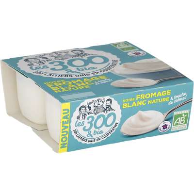 Fromage blanc nature au lait demi écrémé BIO, Les 300 & Bio (4 x 100 g)