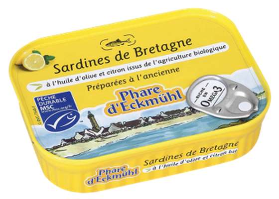 Sardines à l'huile d'olive et au citron BIO, en boîte 1/5, Phare d'Eckmuhl (135 g)