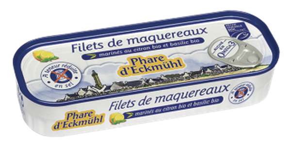 Filets de maquereaux MSC au citron et basilic BIO, à teneur réduite en sel, en boîte 1/5, Phare d'Eckmuhl (130 g)