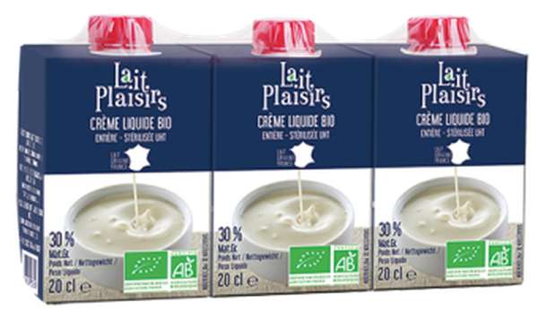 Crème liquide entière UHT BIO, 30 % MG/PF, Lait Plaisirs (3 x 20 cl)