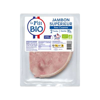 Jambon supérieur avec couenne Bio, Le P'tit Bio (2 tranches, 70 g)