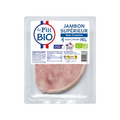 Jambon cuit supérieur avec couenne BIO, Le P'tit Bio (4 tranches, 140 g)