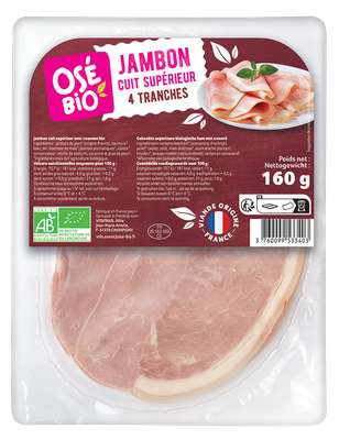 Jambon cuit supérieur avec couenne BIO, Osé Bio (4 tranches, 160 g)
