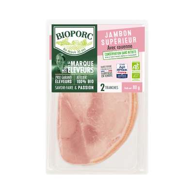 Jambon cuit supérieur avec couenne sans nitrites BIO, Bioporc (2 tranches, 80 g)