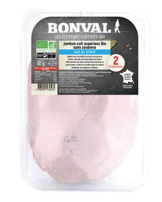 Jambon cuit supérieur découenné et dégraissé sans sel nitrité BIO, Bonval (2 tranches, 90 g)