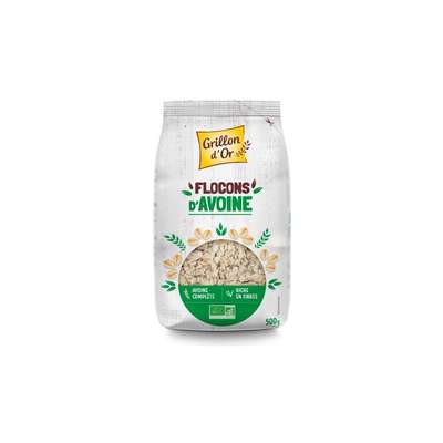 Flocons d'avoine gros riche en fibre origine France BIO, Grillon d'Or (500 g)