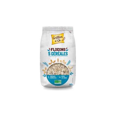 Flocons 5 céréales toastées blé orge seigle avoine riz riche en fibres BIO, Grillon d'Or (500 g)