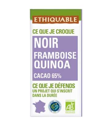 Chocolat noir 65% cacao framboise quinoa BIO, Ethiquable (100 g)