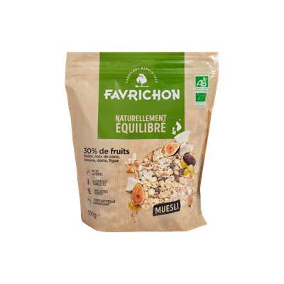 Muesli bien-être 30% fruits raisin banane noix de coco datte figue BIO, Favrichon (500 g)