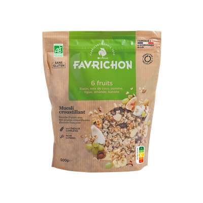 Muesli croustillant 6 fruits sans huile de palme BIO, Favrichon (500 g)