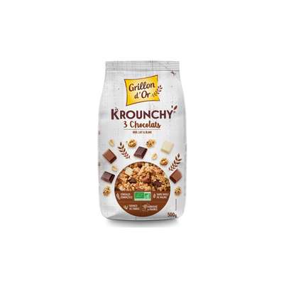 Krounchy 3 chocolats à l'huile de tournesol amande sésame complet miel BIO, Grillon d'Or (500 g)