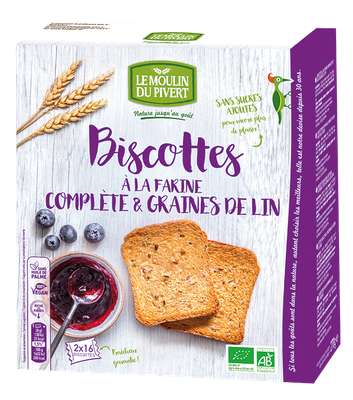 Biscottes à la farine complète et graines de lin BIO, Le Moulin du Pivert (270 g)