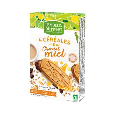 Biscuits P'tit Déj céréales, chocolat et miel BIO, Le Moulin du Pivert (190 g)