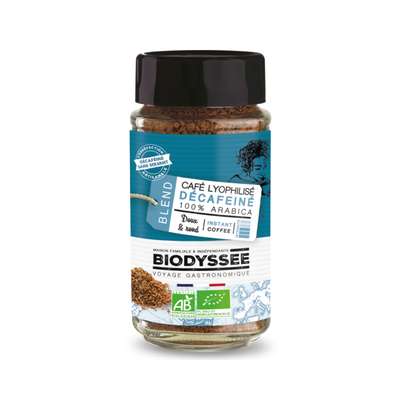 Café lyophilisé décaféiné 100% arabica BIO, Biodyssée (100 g)