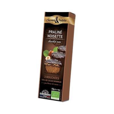 Bouchées praliné noisette chocolat noir BIO, Saveurs et Nature (3 x 15 g)