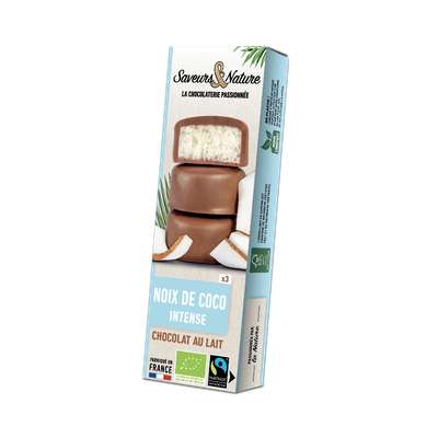 Bouchées noix de coco enrobées de chocolat au lait BIO, Saveurs et Nature (3 x 15 g)