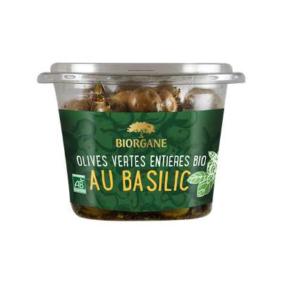 Olives vertes entières au basilic en pot BIO, Biorgane (250 g)