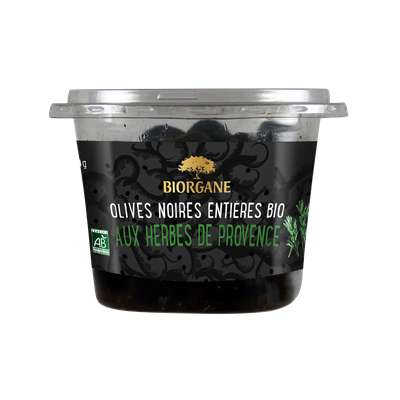 Olives noires entières aux herbes de Provence en pot BIO, Biorgane (250 g)