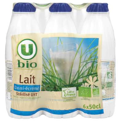 Pack de lait uht demi-écrémé BIO, U BIO (6 x 50 cl)