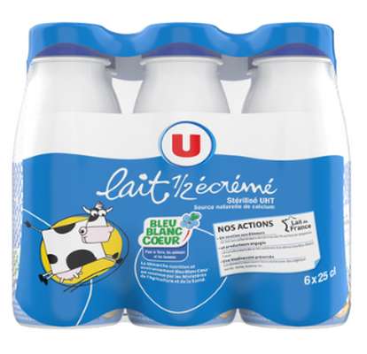 Pack de lait UHT demi-écrémé Bleu Blanc Coeur, U (6 x 25 cl)