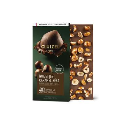 Tablette lait 48% noisettes caramélisées, Cluizel (100 g)
