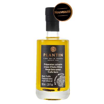 Préparation culinaire à base d'huile d'olive vierge extra et d'arôme truffe noire avec morceaux de truffes noires, Plantin (10 cl)